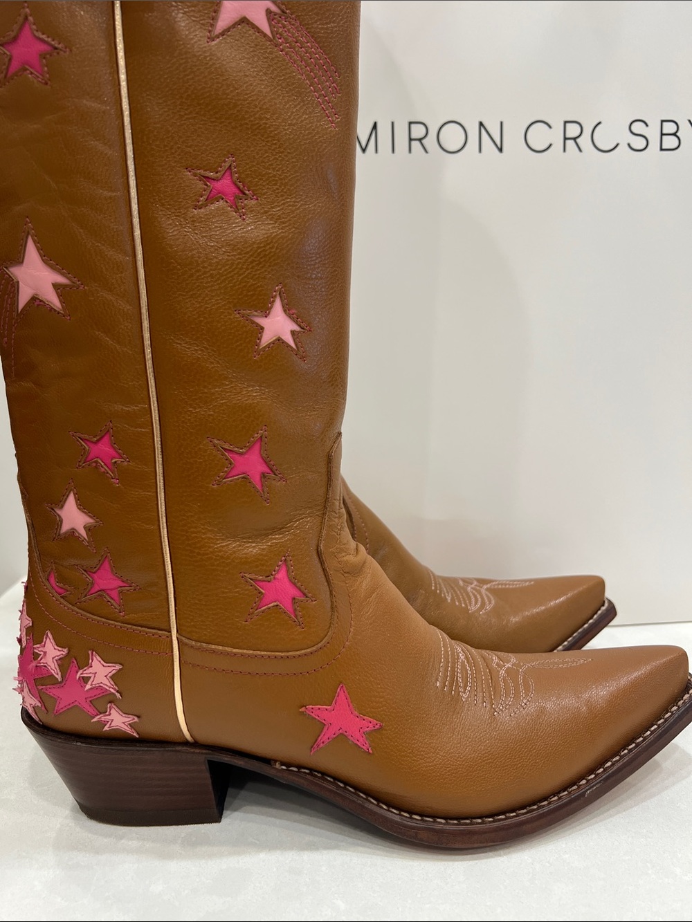 Miron Crosby Margretta Sienna Star-Embroidered Brown Leather Knee Boots - Picture 3 of 16